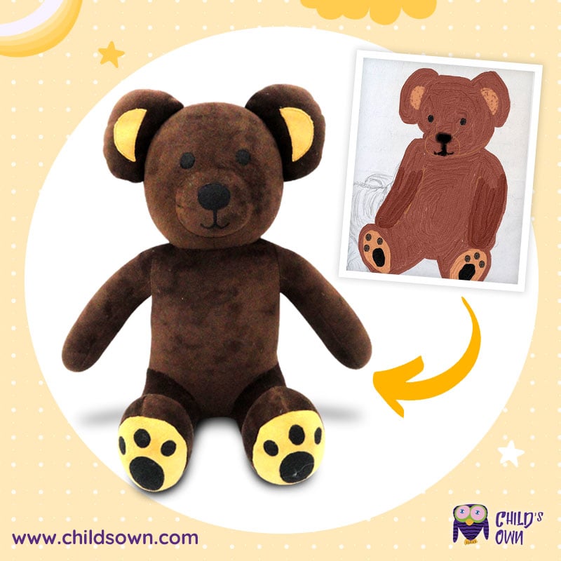 Custom brown bear plushie from childs drawing