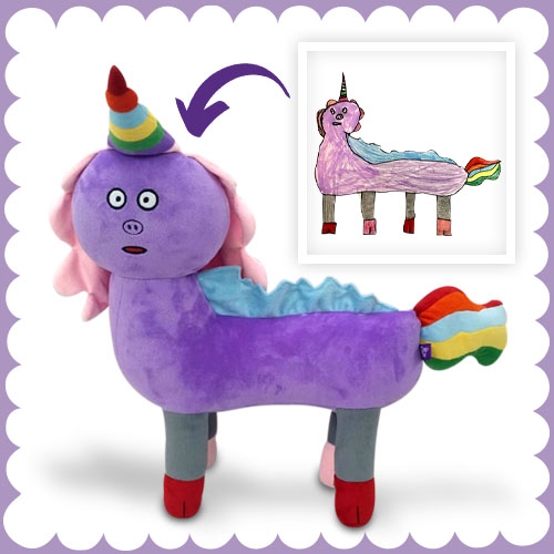 Handcrafted plush resembling child's whimsical illustration