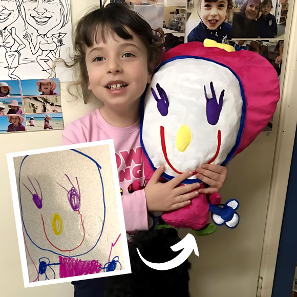 Thumbnail of unique plush toy resembling child's colorful illustration